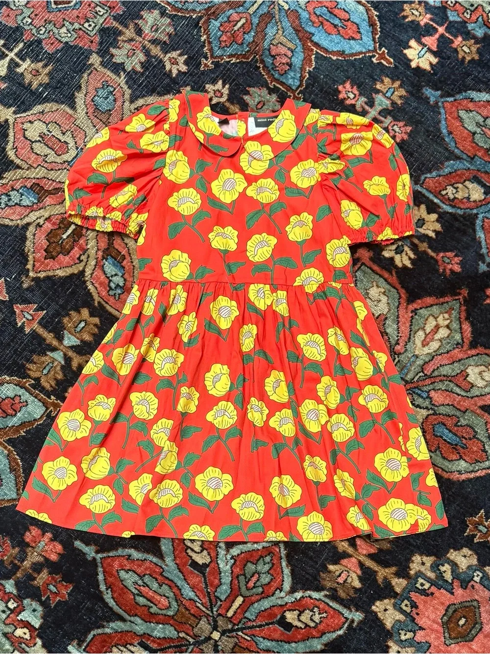 Mini Rodini Red Dress with Yellow Floral Print and Green Leaves